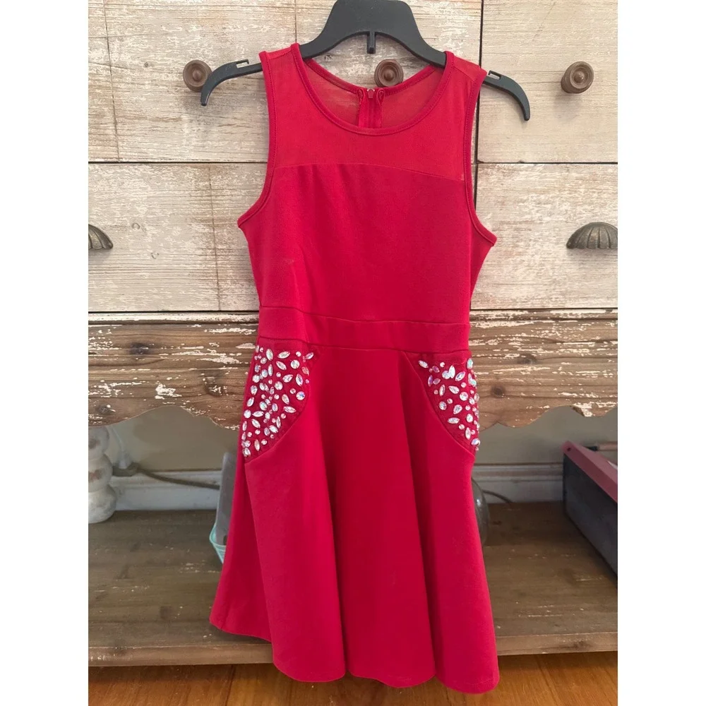 Honey and Rosie Girls Red Rhinestone Mesh Fit and Flare Party Dress Size 8